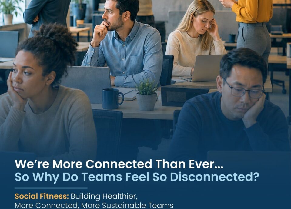 A group of people at work looking and feeling disconnected.