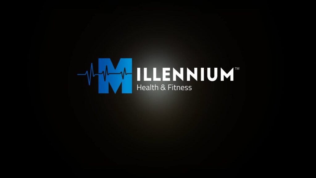 Millennium Health and Fitness Logo- Black background, blue and white lettering logo
