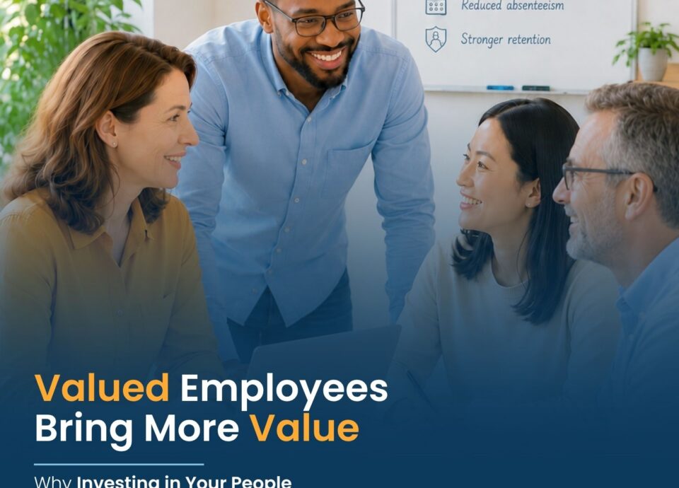 A group of employees collaborating with their leaders and feeling valued