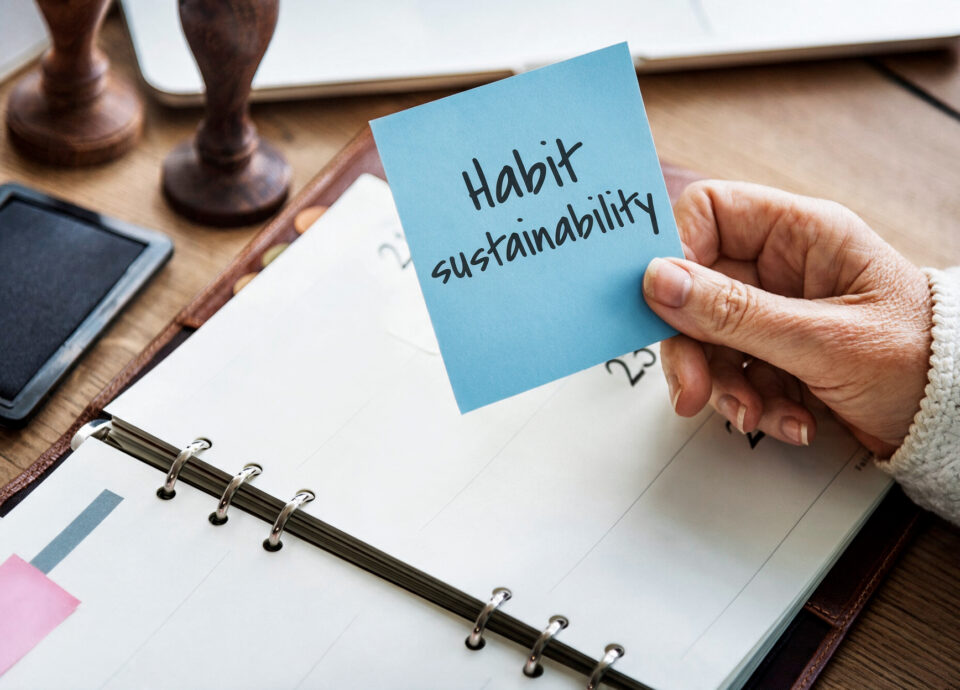 Woman holding a sticky note that says habit sustainability