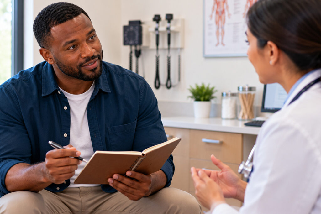 Patient using notes to speak to his doctor