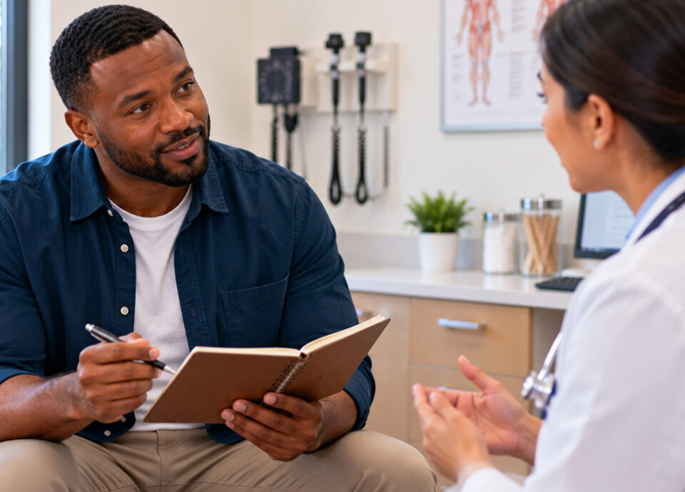 Patient using notes to speak to his doctor